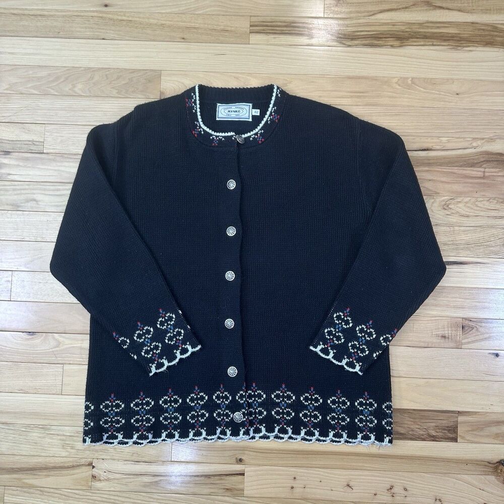 Vintage Jersild Women’s Sweater Black/ Red/White Trim 42 Silver Buttons Holiday